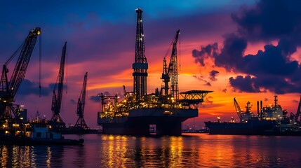Obraz premium An expansive view of an offshore oil rig at sunset, with cranes and drilling equipment silhouetted against the sky, capturing the scale and complexity of the oil and gas industry 