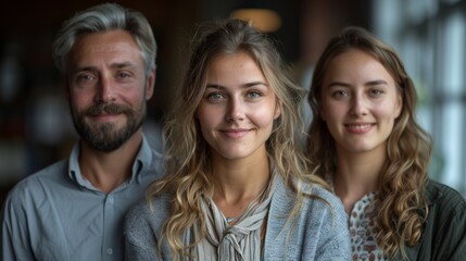 Fototapeta premium A group of three smiling individuals poses together in a cozy indoor space during daylight