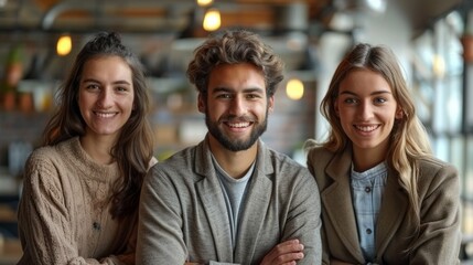 Fototapeta premium Young friends smiling together in a cozy café during the afternoon