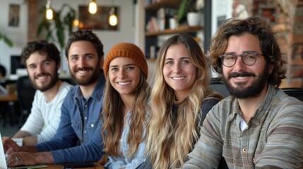 Obraz premium Group of friends smiling together in a casual workspace during the day