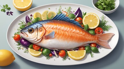Delicious Fish dish with lemon and salad, Baked or fried salmon or tuna, seafood Healthy concept