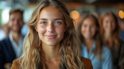 Obraz premium A young woman smiles confidently in a crowded social gathering during daylight at a vibrant indoor venue