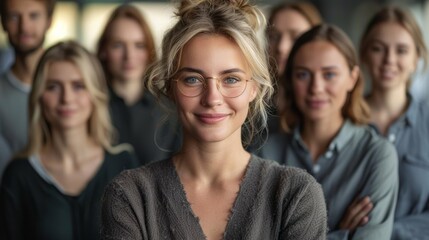 Obraz premium Smiling woman in glasses leads diverse group of professionals in a modern office setting