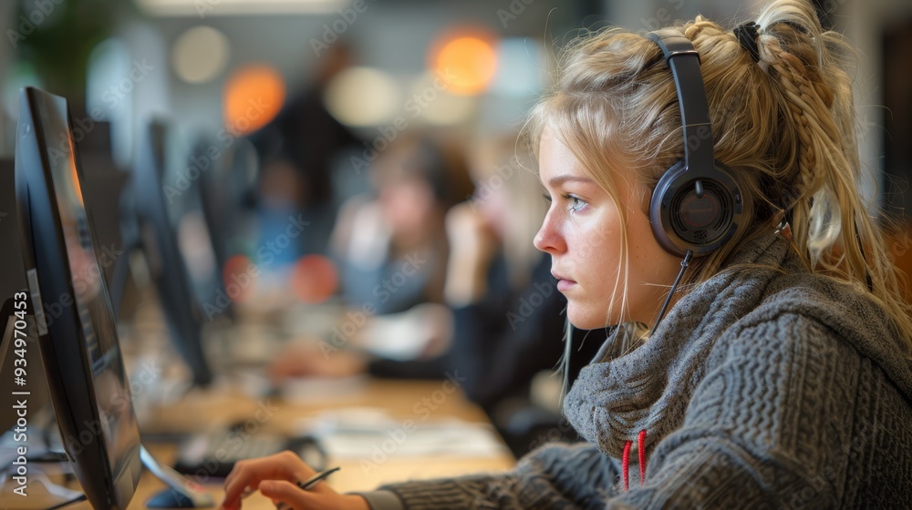 Poster student focused on computer task in a modern study space during the day