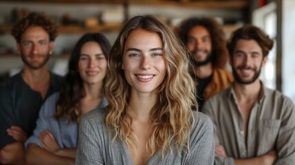 Group of five smiling young adults in casual clothing posing together indoors during the daytime