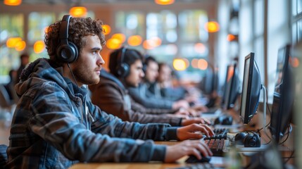 Students using computers for learning in a well-lit workspace during the day