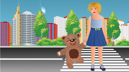 The teddy bear and the little girl cross the road correctly on the pedestrian crosswalk holding hands. Vector illustration.