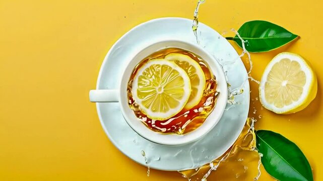 Lemon tea in a white cup and lemon on a yellow background. It contains d-limonene, which has diuretic effects and can help reduce bloating.