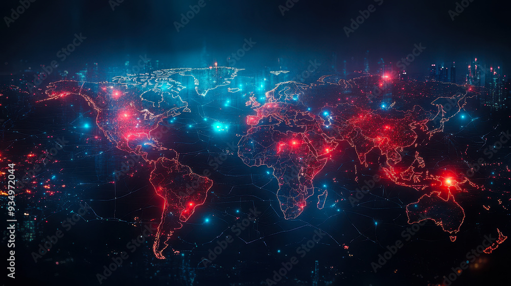 Poster global digital network map highlighting data flow and connectivity with illuminated nodes and connec