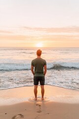 Serene Sunset Tranquility - Person in Green T-Shirt Standing on Sandy Beach with Gentle Waves at Dusk, Peaceful Coastal Scene, generative Ai