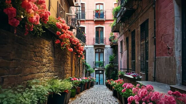 Video footage of charming narrow alleyway flanked by old, multistory buildings with vibrant pink flowers adorning the balconies and walls