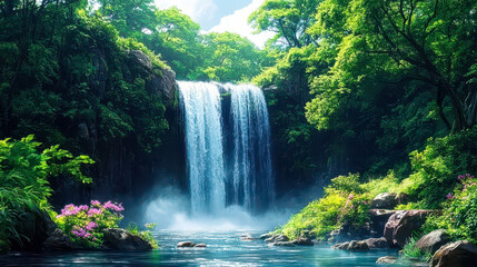 Serene Forest Waterfall: Lush Greenery and Cascading Waters in Tranquil Jungle Oasis