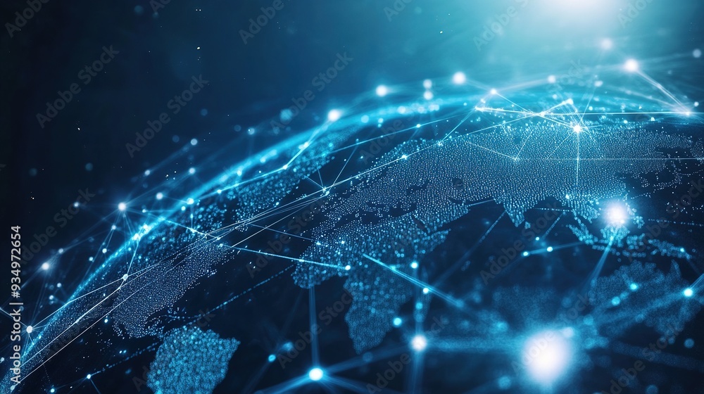 Poster global network connections: a blue digital globe pulsates with data and light, illustrating the inte