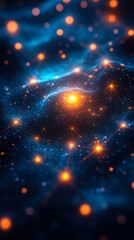 Futuristic Abstract Technology Network with Glowing Nodes and Connections in Deep Space, Digital Data Visualization Background