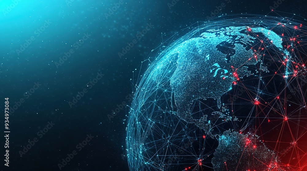 Poster global business network with data exchange and customer connection in a futuristic design, copy spac