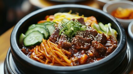 Fototapeta premium A close-up shot of a bowl of Korean beef bibimbap with cucumber, noodles, and sesame seeds.