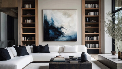 Abstract blue, black, and white painting on canvas, large wall art for a living room. White sofa with black pillows, wooden bookshelves. Created with Ai