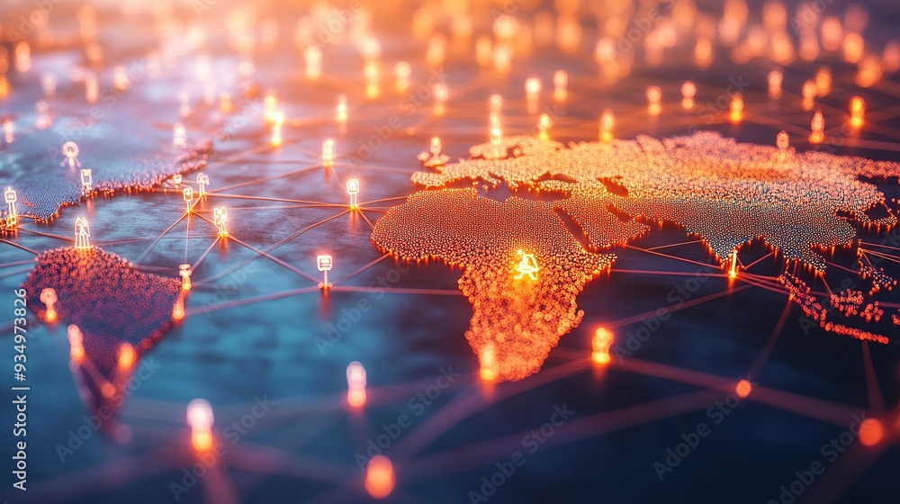 Poster global connectivity: a 3d rendered world map illuminated by a network of glowing points, symbolizing