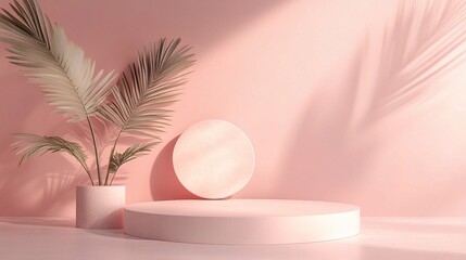 Pink Minimalist Podium with Palm Leaf and Sunlight: A delicate and modern product display backdrop. 