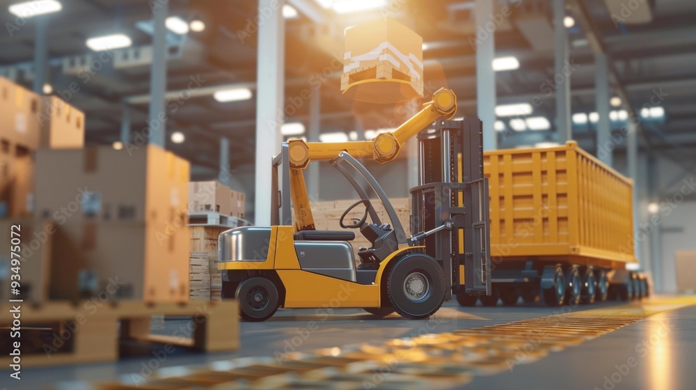 Poster automated warehouse with forklifts and robots efficiently managing inventory.