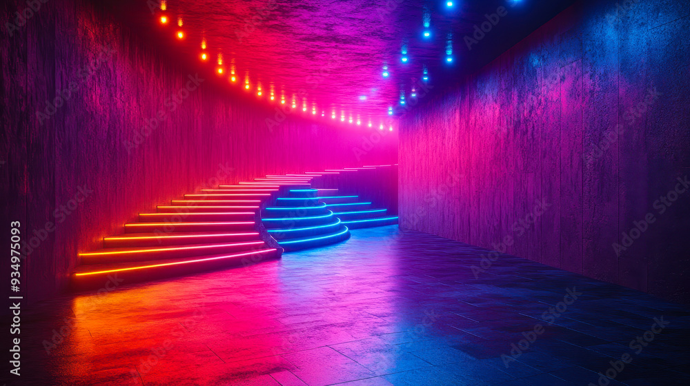 Poster futuristic neon-lit stage with colorful glowing lights and abstract background for modern design and