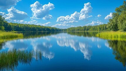 Fototapeta premium Beautiful scenic lake reflection, Scenic Lake, Picturesque, Nature's Mirror