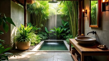 An exotic tropical outdoor bathroom surrounded by lush greenery and bamboo.