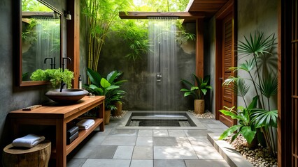 Fototapeta premium An exotic tropical outdoor bathroom surrounded by lush greenery and bamboo.