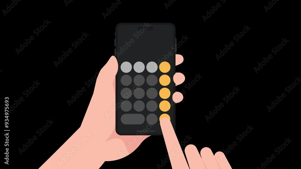 Poster hand holding phone and touch the screen to calculate on calculator application.