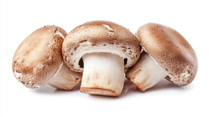 Fototapeta premium Three whole brown mushrooms with white stems, isolated on a white background.