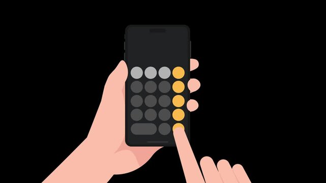 Hand holding phone and touch the screen to calculate on calculator application.