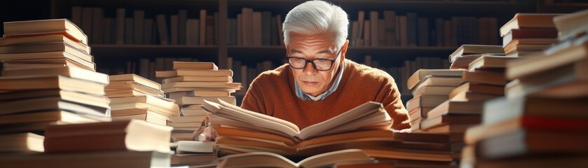 A Scholar Immersed in Study, Surrounded by Stacks of Books, Reading a Book with Intense Focus, A Library Filled with Knowledge, Dedicated to Research and Learning