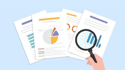 Animation hand holding magnifying glass against looking information on paper.