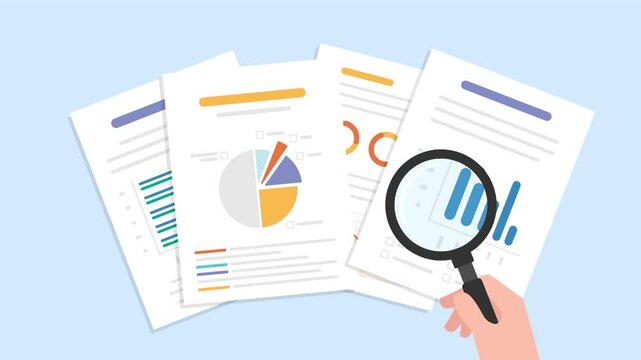 Animation hand holding magnifying glass against looking information on paper.