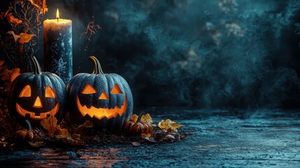 Fototapeta premium Seasonal Halloween decorations with Gothic ambiance, mysterious lighting, Web banner with copy space 