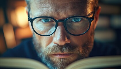 Focused Scholar Immersed in Books, Deep in Thought, Studying Late into the Night, Eyeing the Pages with Intensity, Knowledge Seeker, Reading, Stack of Books, Serious Expression, Academic Pursuit