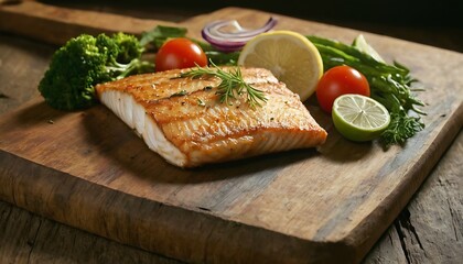 Delicious Fish dish with lemon and salad, Baked or fried salmon or tuna, seafood Healthy concept