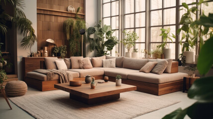 Fototapeta premium minimalist interior open space design modular sofa, furniture, wooden coffee tables, pillows, tropical plants elegant personal accessories in stylish home decor. Neutral living room