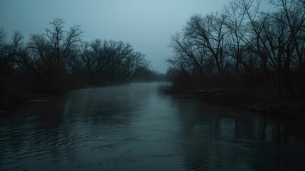 A Foggy River Surrounded by Bare Trees at Dusk