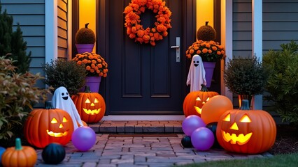 Close-up Halloween setting house entrance with jack-o-lanterns, wreaths, orange and black, purple balloons and ghost doll decorations.