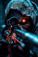 Fototapeta premium A man with a gun and a skull on his face is taking a picture. Scene is dark and ominous