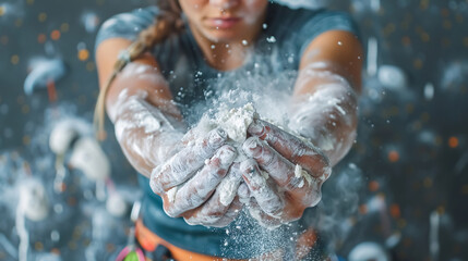 A climber woman coating her hands with powder chalk, preparing for climbing.