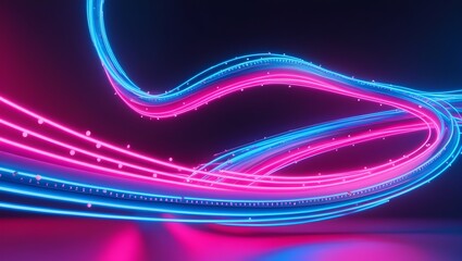 Neon Data Stream Background: A vibrant, flowing background with neon pink and blue lines curving and twisting like streams of data. Dots pulse along the lines, representing information transfer. The b