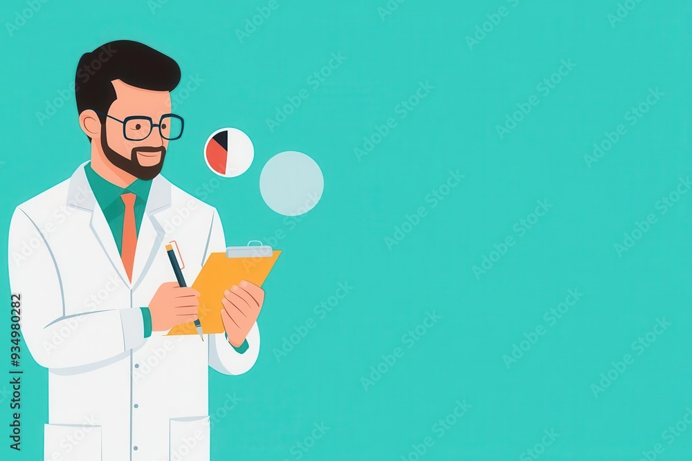 Poster data scientist using tools to create financial forecasts, flat design illustration