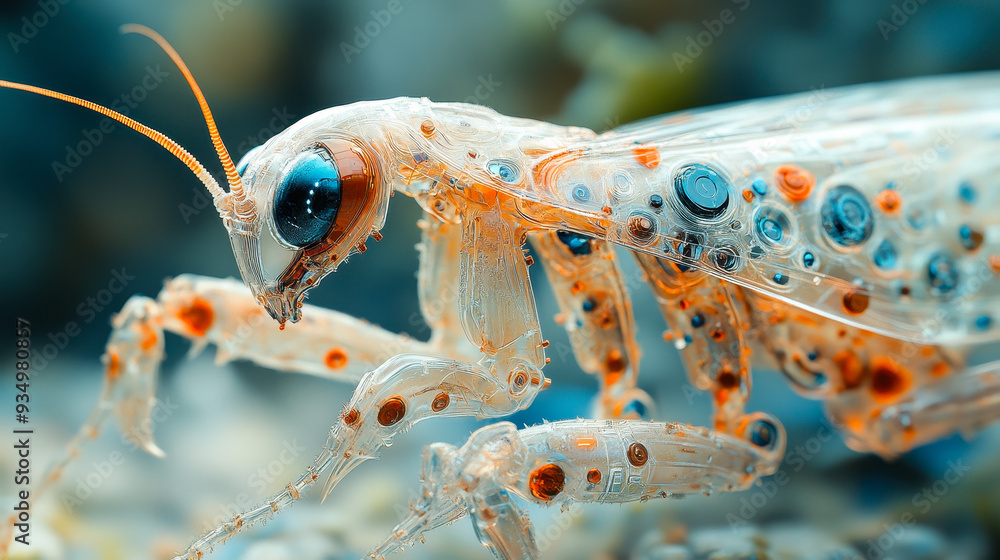 Poster Intricate Cybernetic Praying Mantis Close-Up with Translucent Mechanical Shell and Futuristic Design, Showcasing Gears and Wires for Technology and Sci-Fi Concepts