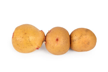 Three fused potatoes on a white background. Three spliced potato tubers close-up.