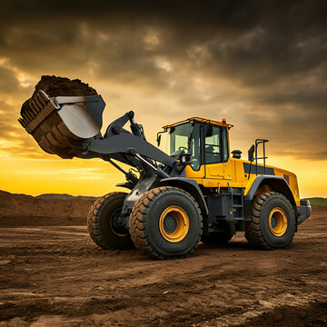 Bulldozer or loader moves the earth at the construction site against the sunset sky. Contrasting image of a modern loader or bulldozer. Construction heavy equipment for earthworks