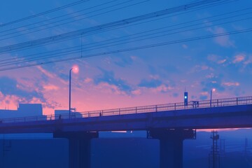 Obraz premium A calm foggy bridge with dim streetlights barely visible. Cozy vibe, Generative AI