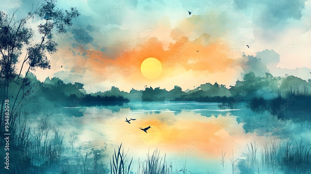 Poster Serene Sunset Over a Tranquil Lake