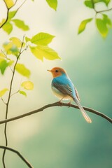 Fototapeta premium A vibrant bird perched on a branch, surrounded by soft leaves, showcasing the beauty of nature in a tranquil setting.